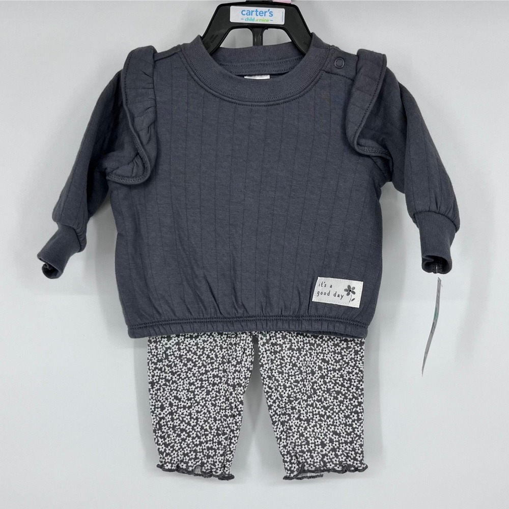 Carter's Child of Mine Outfit Set Girls 0-3M Gray Quilted Ruffle Floral 2pc‎ NEW